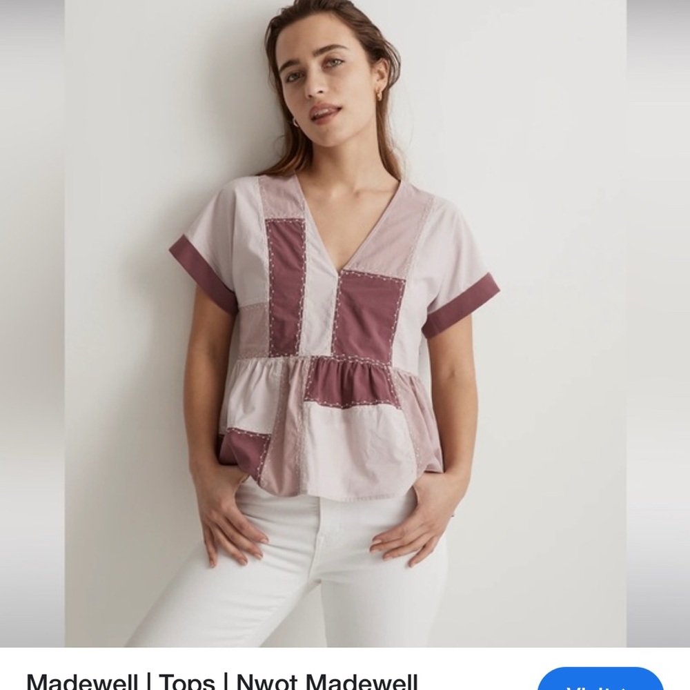 Madewell Cream and White Cuffed Sleeve Peplum Blouse